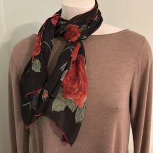 5/$25 Rose scarf black with red roses green leaves gauzy material